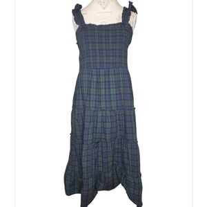 J Crew Blackwatch Tartan Smocked Elastic Bodice Tiered Ruffle Midi Dress Large